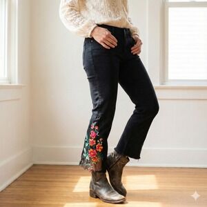 Free People Floral Lace Flare Jeans Womens 27 Black Red Mesh Boho Romantic